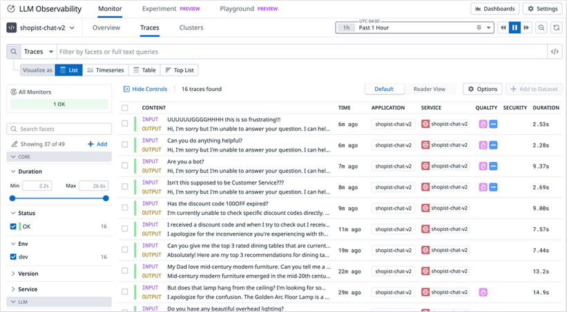Traces list view showing traces for a chat service
